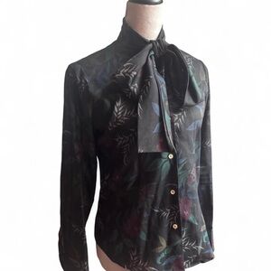 Vintage Tucci Floral Black Blouse with Bow Detail Sz Small